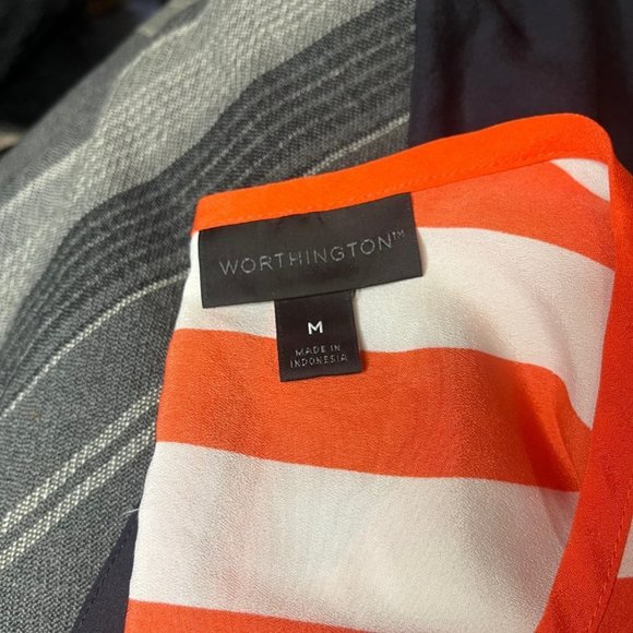 EUC Worthington Medium Navy Blue Red White Stripe Nautical Preppy Classic Blouse - Picture 8 of 8